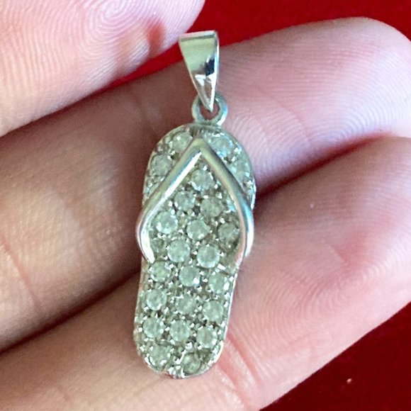 Pendant Charm Flip Flop Thong Sandal Sterling Silver 925 Austrian Crystals - Picture 1 of 12